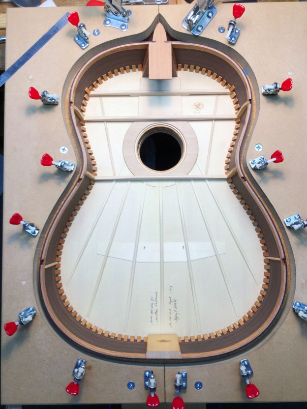 My latest guitar in construction by Jeffrey Elliott, Portland, Oregon, 2017. Photo by Jeffrey Elliott